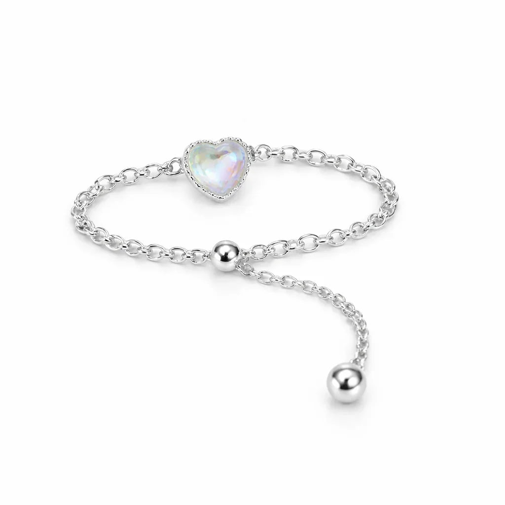 Bracelet chaîne argent avec pendentif cœur nacré et fermoir coulissant boules