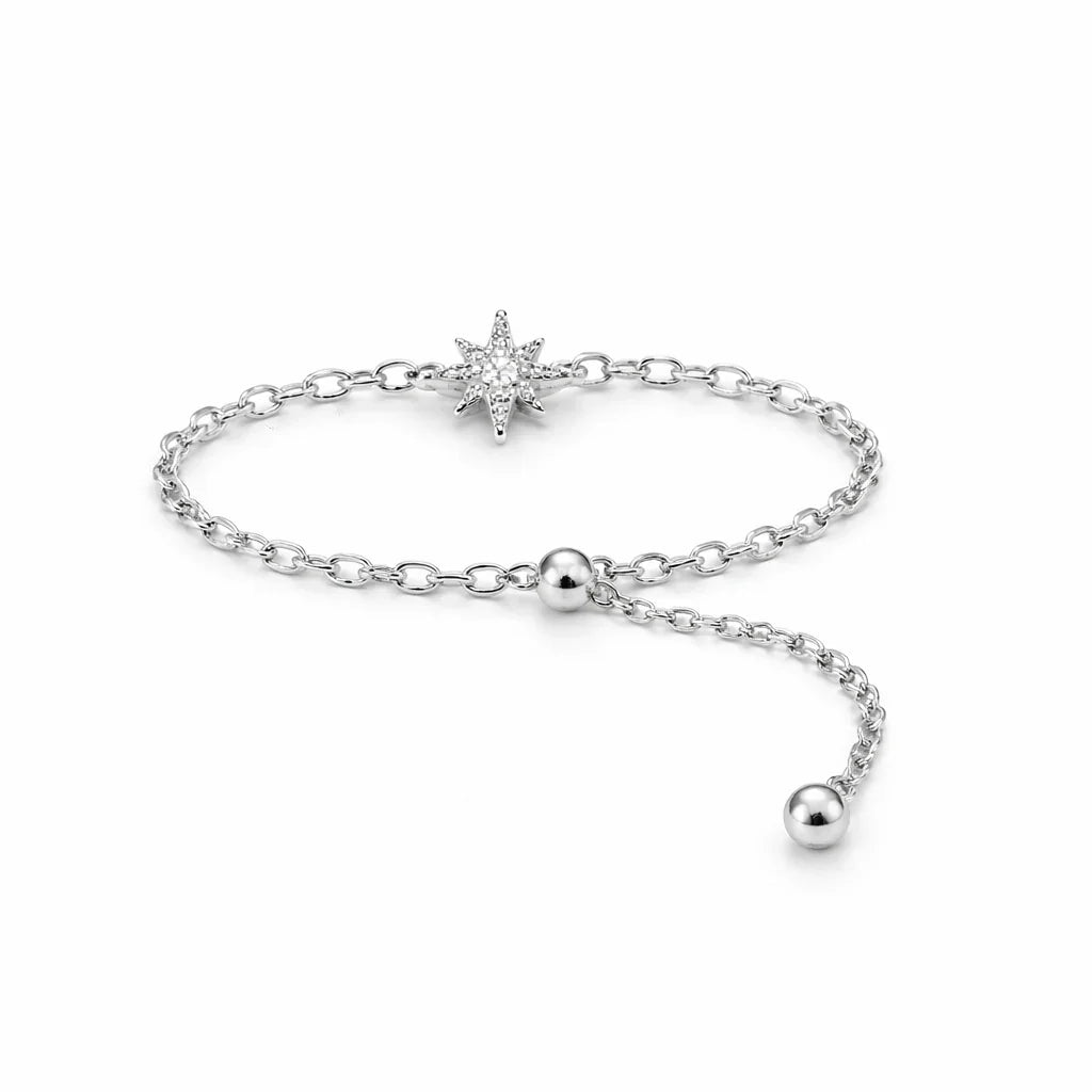 Bracelet en chaîne argentée avec étoile étoilée sertie de petits cristaux, ajustable