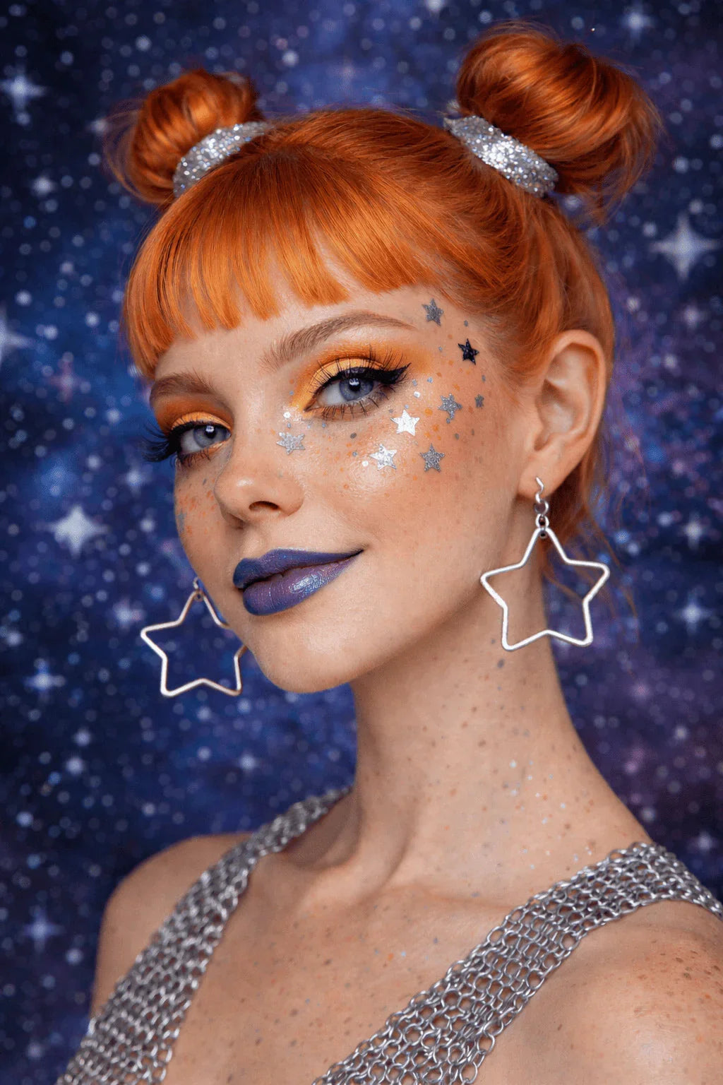Portrait d'une femme rousse avec maquillage étoilé, boucles d'oreilles étoiles et argent fond de fête bleu