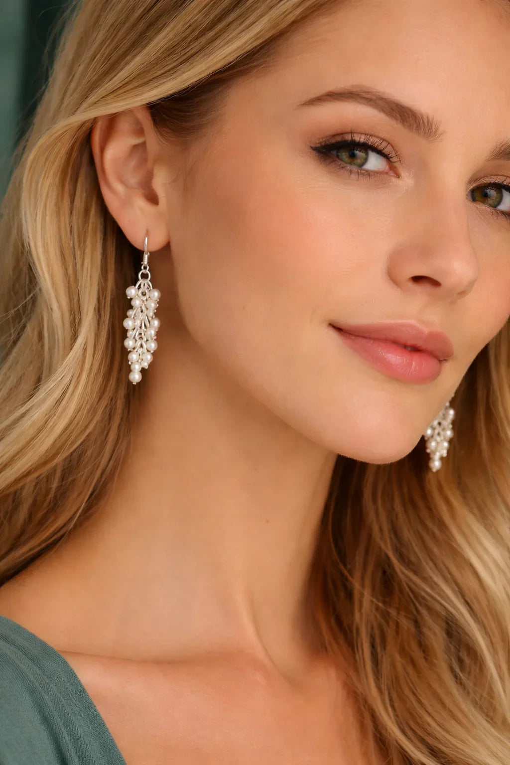 Femme blonde portant des boucles d'oreilles pendantes en perles blanches naturelles